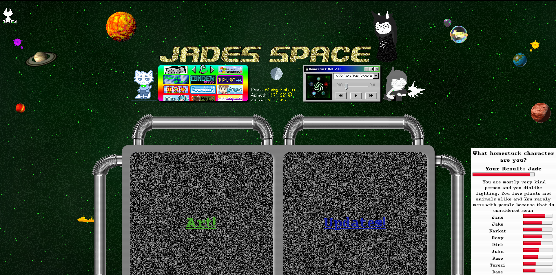 9/16/2025: Website Ate Itself, had to rebuild also i took the homestuck character test :B